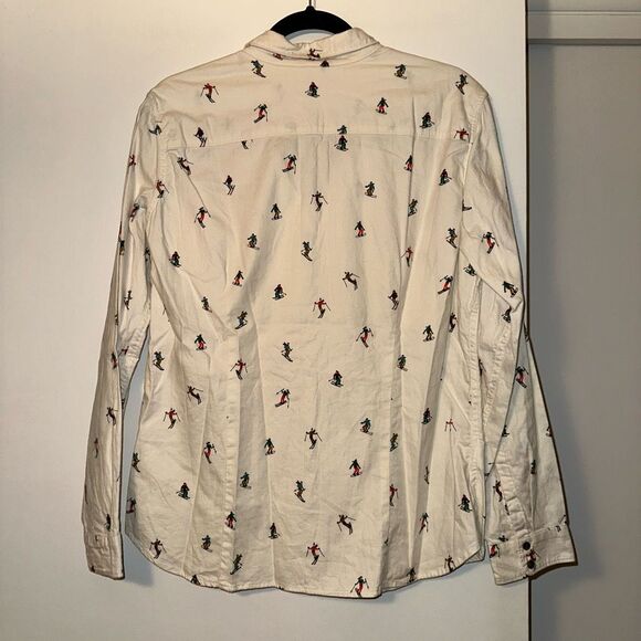 Eddie Bauer Large Ski Snowboard Pattern Cream Button Down Collared Flannel Shirt - Picture 6 of 10